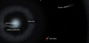 Diagram illustrates the slow destruction of G238-44’s planetary system, with the tiny white dwarf at the center, surrounded by a faint accretion disk made up of pieces of shattered bodies falling onto the dead star. Remaining asteroids form a thin stream of material surrounding the star. Larger gas giant planets may still exist in the system, and much farther out is a belt of icy bodies such as comets. Credit: NASA, ESA, Joseph Olmsted (STScI)