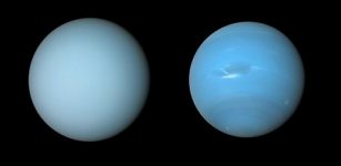 Uranus and Neptune. NASA’s Voyager 2 spacecraft captured these views of Uranus (on the left) and Neptune (on the right) during its flybys of the planets in the 1980s. Credit: NASA/JPL-Caltech/B. Jónsson