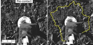 An SwRI-led study found that the surface regolith of the asteroid Bennu is primarily loose rubble. Images taken before and after the touch-and-go sample collection indicate surface disturbances up to 15 inches away. Credit: NASA/Goddard/University of Arizona