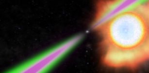 A spinning neutron star periodically swings its radio (green) and gamma-ray (magenta) beams past Earth in this artist’s concept of a black widow pulsar. The neutron star/pulsar heats the facing side of its stellar partner (right) to temperatures twice as hot as the sun’s surface and slowly evaporates it. Credit: NASA’s Goddard Space Flight Center