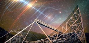 Astronomers detected a persistent radio signal from a far-off galaxy that appears to flash with surprising regularity. Named FRB 20191221A, this fast radio burst, or FRB, is currently the longest-lasting FRB, with the clearest periodic pattern, detected to date. Pictured is the large radio telescope CHIME that picked up the FRB. Credit: CHIME, with background edited by MIT News