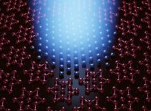 This illustration represents the light-induced collapse of the nanoscale charge order in a 2D crystal of tantalum disulfide (star-shapes) and the generation of a hidden metastable metallic state (spheres). Credit: Frank Yi Gao