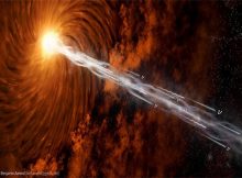 An artistic illustration of a blazar accelerating cosmic rays, neutrinos and photons up to high energies, as observed in PeVatron blazars. Credit: Benjamin Amend