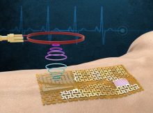 MIT engineers fabricated a chip-free, wireless electronic “skin.” The device senses and wirelessly transmits signals related to pulse, sweat, and ultraviolet exposure, without bulky chips or batteries. Credit: Massachusetts Institute of Technology