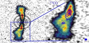 Scientists studying the young star AS 209 have detected gas in a circumplanetary disk for the first time, which suggests the star system may be harboring a very young Jupiter-mass planet. Science images from the research show (right) blob-like emissions of light coming from otherwise empty gaps in the highly-structured, seven-ring disk (left). Credit: ALMA (ESO/NAOJ/NRAO), J. Bae (U. Florida)