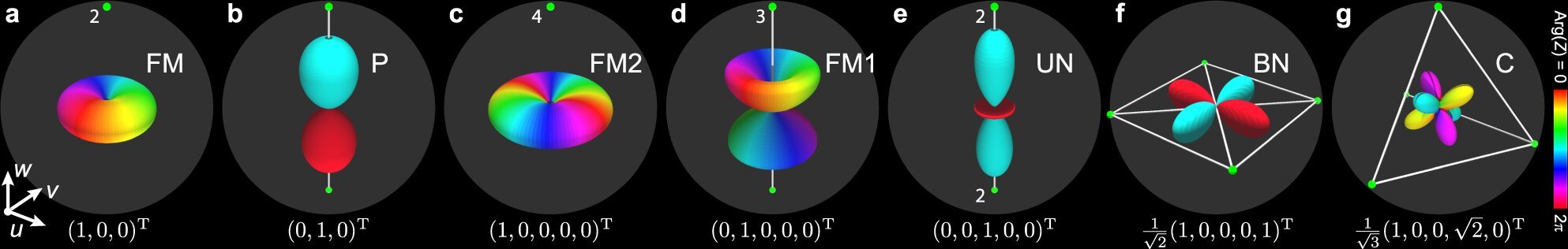 1 / 1Majorana and spherical-harmonics representations of the prototype spinors for spin-1 and spin-2 magnetic phases. a, b The spin-1 ferromagnetic (FM) and polar (P) magnetic phases with two Majorana points (green dots, with adjacent number indicating multiplicity > 1). c–g The spin-2 ferromagnetic-2 (FM2) and -1 (FM1), uniaxial nematic (UN), biaxial nematic (BN), and cyclic (C) magnetic phases, with four Majorana points. The discrete polytope Majorana symmetries of a square and tetrahedron are easily recognized for BN and C. The full behavior of the order-parameter symmetries is visualized in the spherical harmonics representation, where Z(θ, ϕ), for spherical coordinates (θ, ϕ), expands each spinor in terms of spherical harmonics. The shape ∣Z(θ, ϕ)∣2 and Arg(Z)Arg(Z) (color map) together reveal the symmetry. The FM, FM1 and FM2 order parameters correspond to spatial rotations in three dimensions. The order parameter symmetries of the remaining magnetic phases are obtained by appropriately combining the global condensate phase with an unoriented axis (P and UN), square (BN), and tetrahedron (C). Credit: Nature Communications (2022). DOI: 10.1038/s41467-022-32362-5