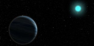 Artist's concept of a Neptune-sized planet, left, around a blue, A-type star. UC Berkeley astronomers have discovered a hard-to-find gas giant around one of these bright, but short-lived, stars, right at the edge of the hot Neptune desert where the star's strong radiation likely strips any giant planet of its gas. Credit: Steven Giacalone, UC Berkeley