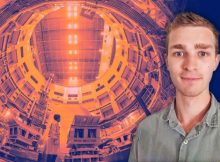 Physicist Richard Nies with huge cryostat under construction to cool ITER vacuum vessel and superconducting magnets. (Cryostat courtesy of ITER; Richard Nies courtesy of Richard Nies; Collage by Kiran Sudarsanan.)