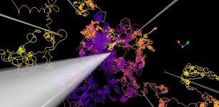 The coloured lines show how cosmic rays are deflected in magnetic fields. The white straight lines represent a large-scale magnetic field. In addition, small-scale magnetic fields not shown here act on the paths of the particles (coloured lines). Credit: RUB, Dr. Lukas Merten