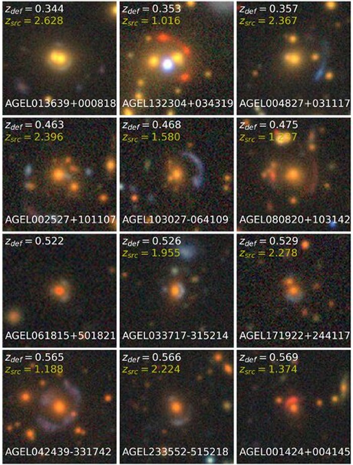 Pictures of gravitational lenses from the AGEL survey. The pictures are centred on the foreground galaxy and include the object name. Each panel includes the confirmed distance to the foreground galaxy (zdef) and distant background galaxy (zsrc). Credit: Kim-Vy H. Tran et al, The Astronomical Journal (2022). DOI: 10.3847/1538-3881/ac7da2