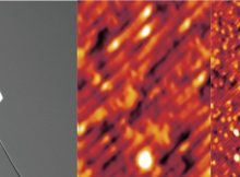 Scanning electron microscope image (left) of samarium hexaboride nanowire bonded to STM, with images from new study (middle and right). The middle image is a zoomed in view, showing light-dark-light striping that occurs in antiferromagnetic material. Credit: Provided by authors for use in this news story