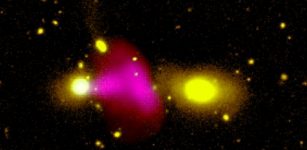 Image of the black hole within galaxy RAD12 spewing a large unipolar radio bubble on to its merging companion galaxy. Credit Dr Ananda Hota, GMRT, CFHT, MeerKAT Licence type Attribution (CC BY 4.0)