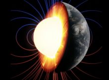 An interior cutaway of the early Earth highlighting its major geodynamic processes. Magnetic field lines are drawn in blue and red emanating from the liquid core that generated them, while plate tectonic forces rearrange the surface and play a role in the churning circulation of the rocky mantle below. Credit: Alec Brenner