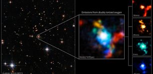 A Hubble image of the quasar and the same area viewed with the James Webb Space Telescope. The Webb image shows multiple galaxies coalescing, with each color representing a different velocity: Red is moving away from us. Blue is moving toward us. Credit: ESA/Webb, NASA & CSA, D. Wylezalek, A. Vayner & the Q3D Team, N. Zakamska