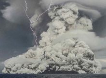 Hunga Tonga–Hunga Ha‘apai volcano erupts on 14 January 2022 in this still from a video posted to social media. Credit: Tonga Geological Services
