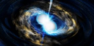Artist’s conception of a neutron star merger and the resulting kilonova. Credit: Tohoku University