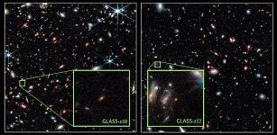 Two regions of the galaxy cluster Abell 2744, the gravity of which magnifies the light from extremely distant background galaxies. The colors are composed of several infrared images, and the large fields are 2 arcminutes across, corresponding to 1/16 of the width of the full moon. The zoom-ins show the galaxies GLASS-z10 and GLASS-z12, where the latter is a candidate for the most distant galaxy ever discovered. Credit: NASA, ESA, CSA, Tommaso Treu (UCLA), Zolt G. Levay (STScI).