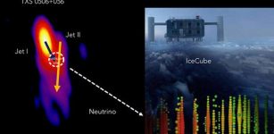 TXS 0506+056. The neutrino event IceCube 170922A appears to originate in the interaction zone of the two jets. Credit: IceCube Collaboration, MOJAVE, S. Britzen, & M. Zajaček