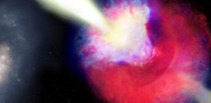 Artist’s impression of GRB 211211A. The kilonova and gamma-ray burst is on the right. The blue color represents material squeezed along the poles, while the red colors indicate material ejected by the two inspiralling neutron stars that is now swirling around the merged object. A disk of ejecta emitted after the merger, hidden behind the red and blue ejecta, is shown in purple. A fast jet (shown in yellow) of material punches through the kilonova cloud. The event occurred about 8 kiloparsecs from its host galaxy (left). Credit: Aaron M. Geller/Northwestern/CIERA and IT Research Computing Services.