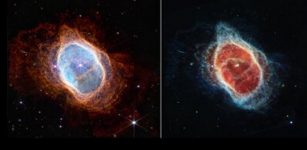 Southern Ring Nebula (NIRCam and MIRI images side by side). NASA's James Webb Space Telescope offers dramatically different views of the Southern Ring Nebula.Each image combines near- and mid-infrared light from three filters. At left, Webb's image of theSouthern Ring Nebula highlights the very hot gas that surrounds the two central stars. At right, Webb'simage traces the star's scattered molecular outflows that have reached farther into the cosmos. In theimage at left, blue and green were assigned to Webb's near-infrared data taken in 1.87 and 4.05 microns(F187N and F405N), and red was assigned to Webb's mid-infrared data taken in 18 microns (F1800W). Inthe image at right, blue and green were assigned to Webb's near-infrared data taken in 2.12 and 4.7microns (F212N and F470N), and red was assigned to Webb's mid-infrared data taken in 7.7 microns(F770W). Credit: NASA, ESA, CSA, and O. De Marco (Macquarie University)