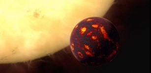 An artist’s impression of the planet Janssen, which orbits its star so closely that its entire surface is a lava ocean that reaches temperatures of around 2,000 degrees Celsius. Credit: ESA/Hubble, M. Kornmesser