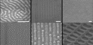 Scanning-electron microscopy images depict novel nanostructures discovered by artificial intelligence. Researchers describe the patterns as skew (left), alternating lines (center), and ladder (right). Scale bars are 200 nanometers.