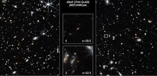 Two exceptionally bright galaxies were captured in GLASS-JWST program. These galaxies existed approximately 450 and 350 million years after the Big Bang (with a redshift of approximately 10.5 and 12.5, respectively), and sizes are roughly 500 parsecs and 170 parsecs, respectively. Credit: NASA, ESA, CSA, Tommaso Treu (UCLA)