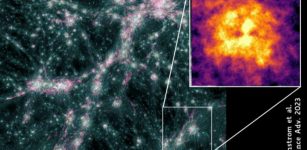 A composite image showing the magnetic fields of the cosmic web, featuring a pull out of how radio data was stacked. Credit: Vernstrom et al. 2023