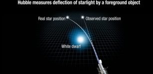 This artist's illustration shows how the gravity of a foreground white dwarf star warps space and bends the light of a distant star behind it.  ARTWORK: NASA, ESA, Ann Feild (STScI)