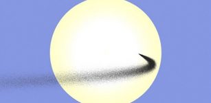 Simulated stream of dust launched between Earth and the sun. This dust cloud is shown as it crosses the disk of the sun, viewed from Earth. Streams like this one, including those launched from the moon’s surface, can act as a temporary sunshade.