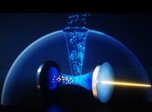 Artist's visualization of a laser striking atoms in an optical cavity. Credit: Ella Maru Studio