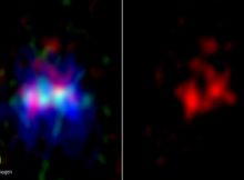 (Left) Dust is shown in red, oxygen is shown in green, and starlight imaged by the Hubble Space Telescope is shown in blue. (Credit: ALMA (ESO/NAOJ/NRAO), Y. Tamura et al., NASA/ESA Hubble Space Telescope) (Right) ALMA dust emissions shown alone. A vertically elongated elliptical cavity, a possible superbubble, is visible in the central region. (Credit: ALMA (ESO/NAOJ/NRAO), Y. Tamura et al.)
