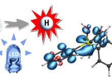 A hydrogen atom (H) from water (H2O) is transferred to a phosphine-water radical cation under the supply of light energy (LED). This important radical intermediate can further transfer the hydrogen atom (white) to the substrate. The blue regions indicate the electron spin distribution. © Christian Mück-Lichtenfeld