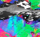 This map shows kink bands formed near a crack tip during crack propagation testing (from left to right) in the alloy at -196 C.