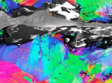 This map shows kink bands formed near a crack tip during crack propagation testing (from left to right) in the alloy at -196 C.