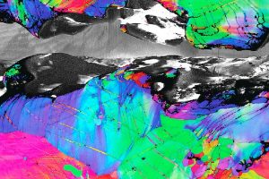 This map shows kink bands formed near a crack tip during crack propagation testing (from left to right) in the alloy at -196 C.